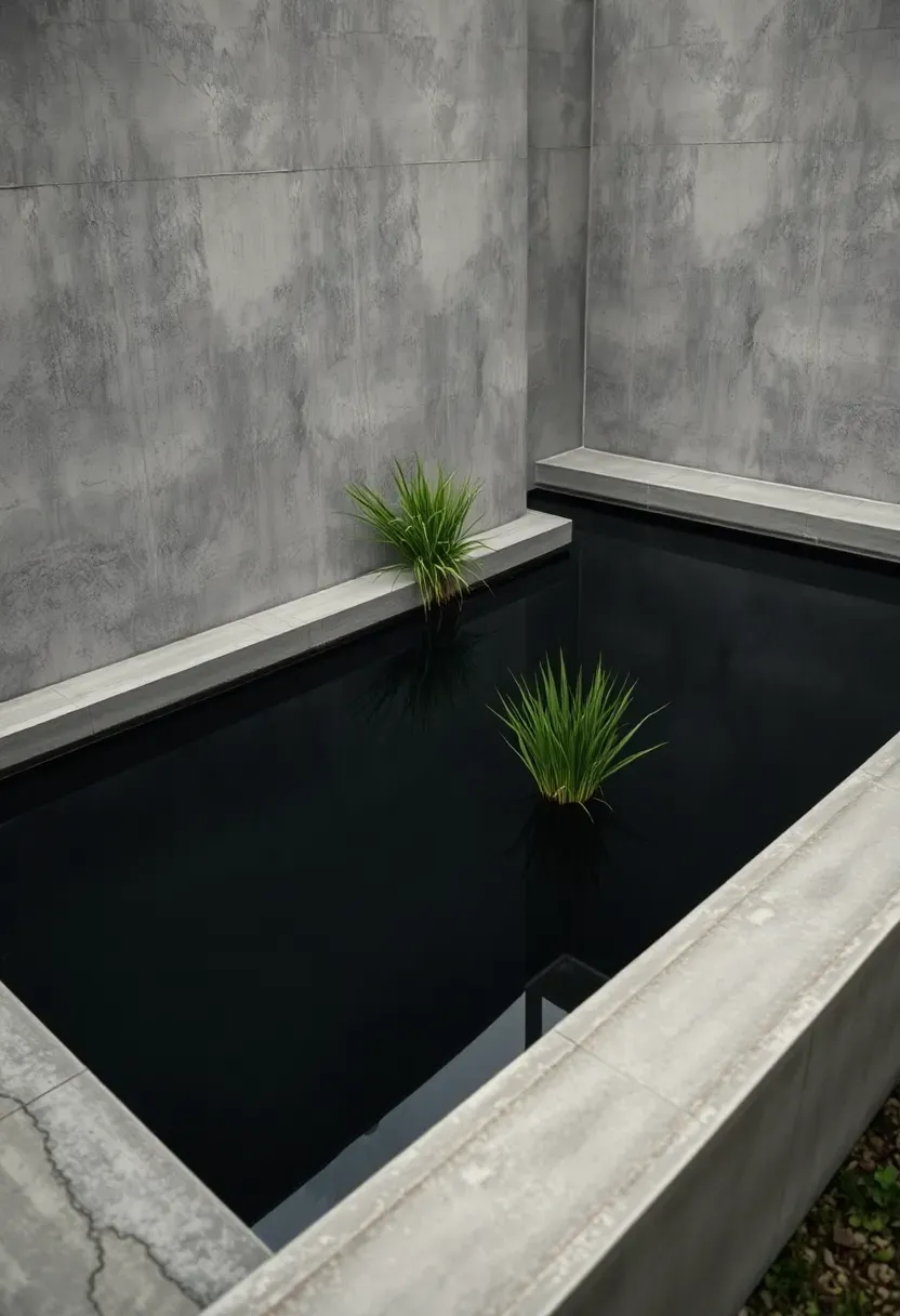 Sleek modern concrete koi pond with sharp geometric edges, dark water, and a single ornamental grass planting