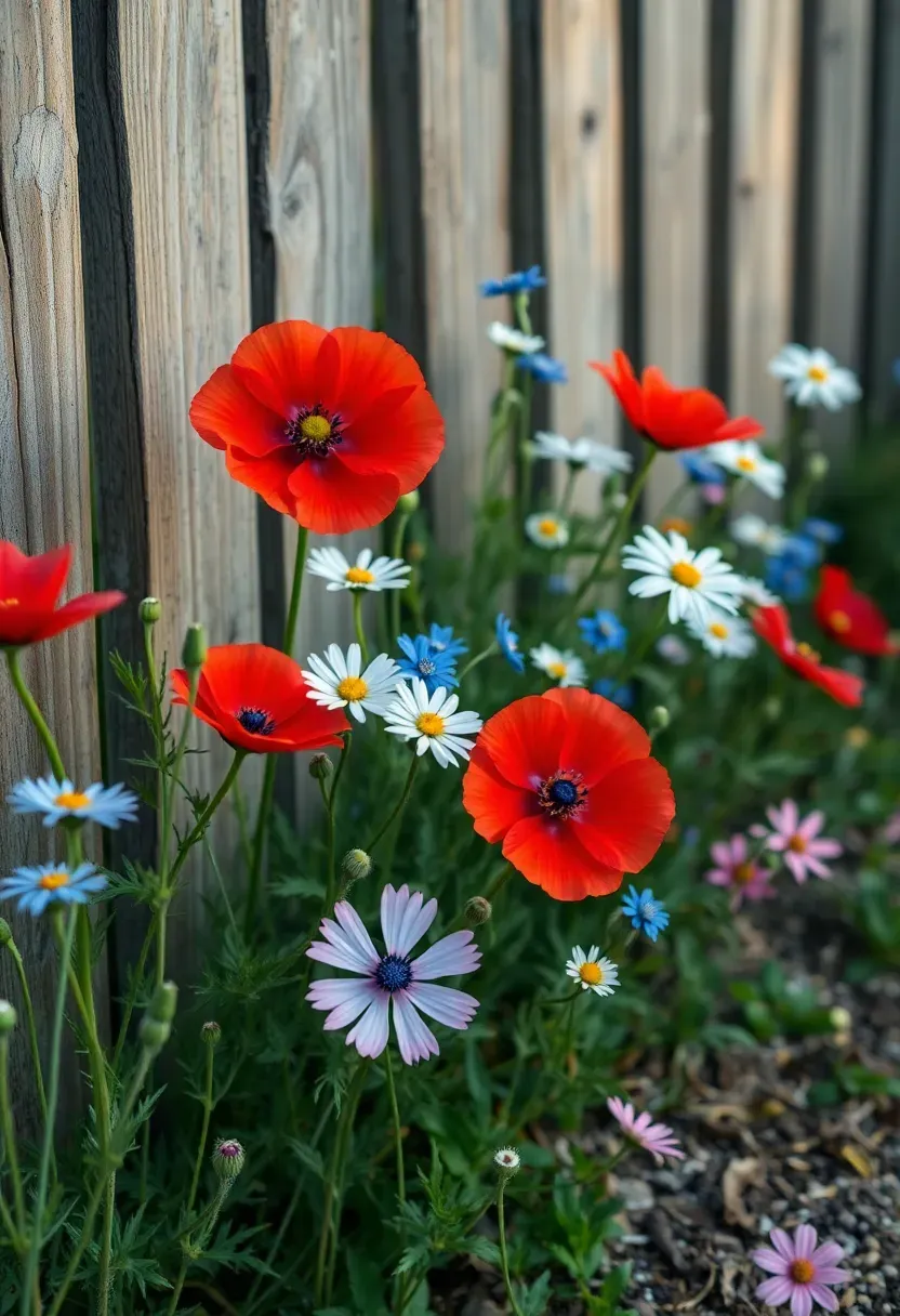 Wildflower meadow border planted along a backyard fence with poppies, cornflowers, and ox-eye daisies in natural cottage garden style