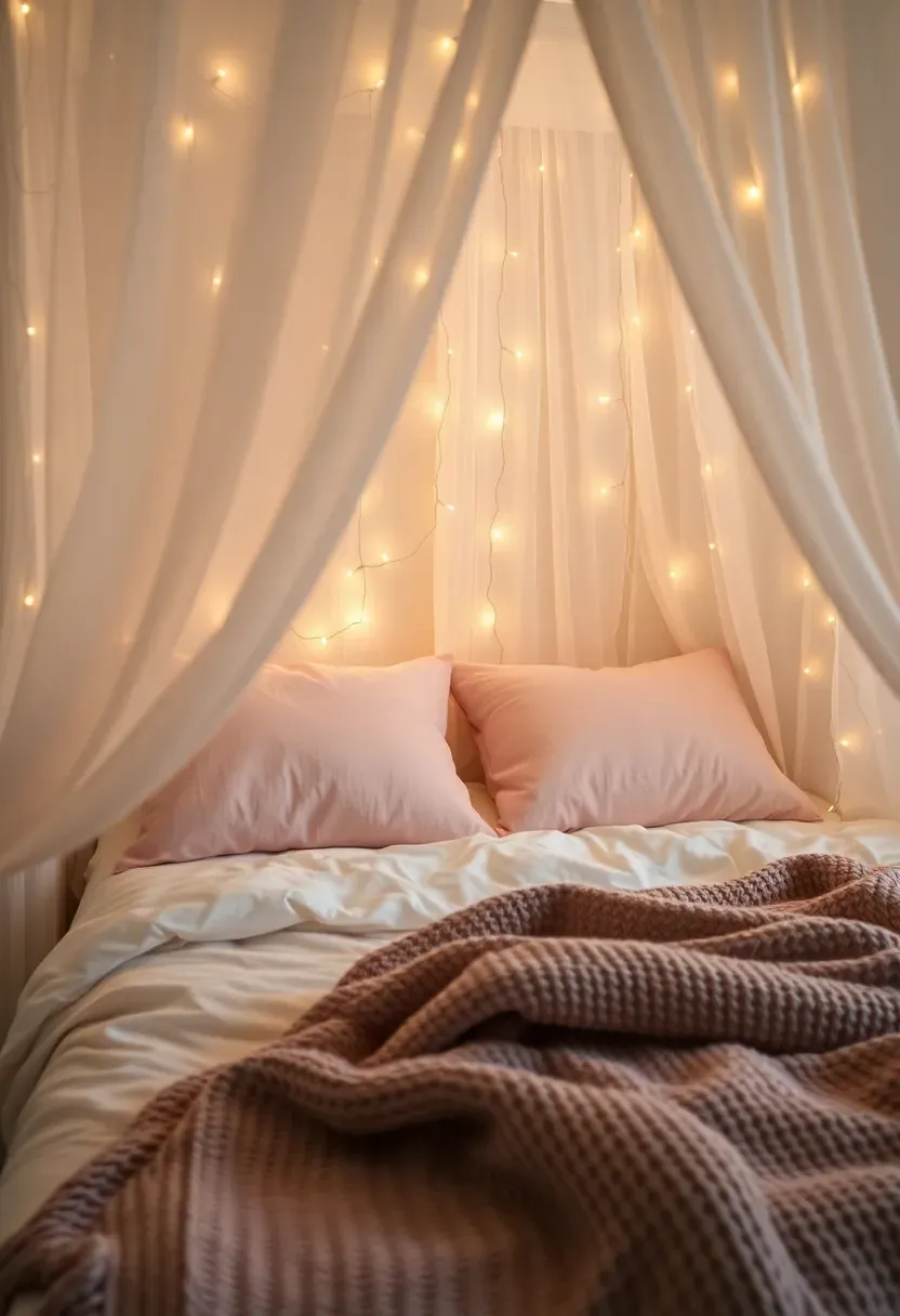 dorm bed with fairy light canopy warm glow white sheer curtains and soft pink pillows