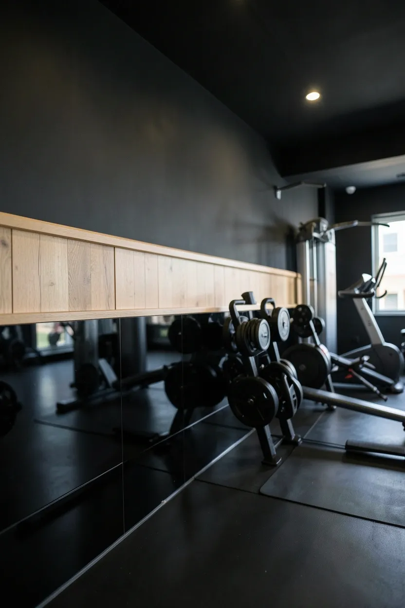 Home gym with glossy black lower wall panels and natural wood wainscoting above chair rail, luxurious dark gym design for renters