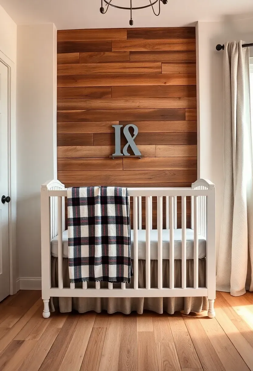 rustic farmhouse boy nursery with reclaimed wood accent wall white crib and plaid textiles