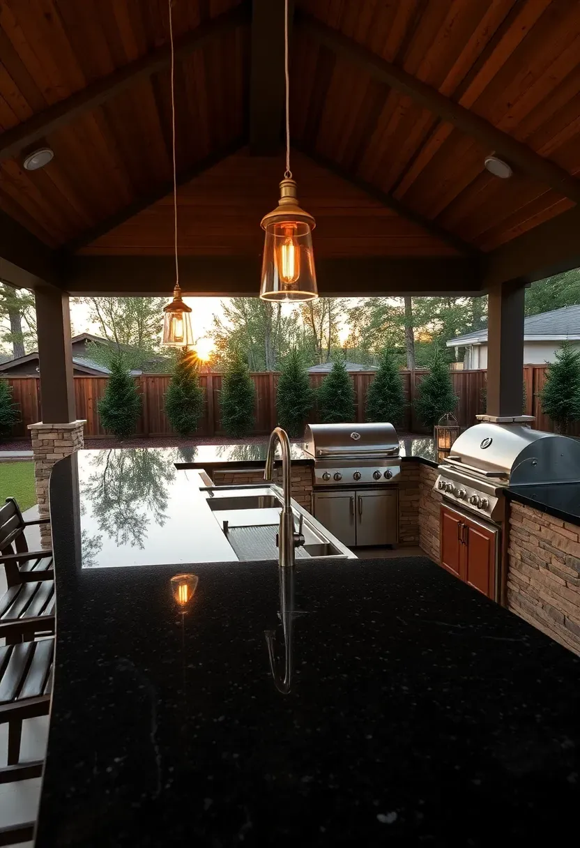 A large backyard pavilion with a vented ridge cap housing an outdoor kitchen with granite countertops, a built-in grill, a sink, and bar seating under warm pendant lights