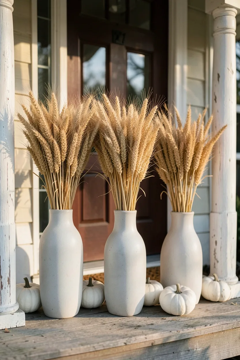 Hyper-realistic eye-level photograph of a fall front porch featuring three dried wheat sheaf bundles positioned in tall ceramic vases near a front door, accented with small white pumpkins at the base. Materials: golden dried wheat heads, natural wheat stalks, matte ceramic vases, smooth white pumpkin surfaces, weathered porch floorboards. Warm afternoon light with soft shadows, gentle movement implied in wheat stalks. Elegant harvest atmosphere. Shallow depth of field, sharp details on wheat texture, balanced composition showing front door and porch columns. No text, no logos, no watermarks.</p>