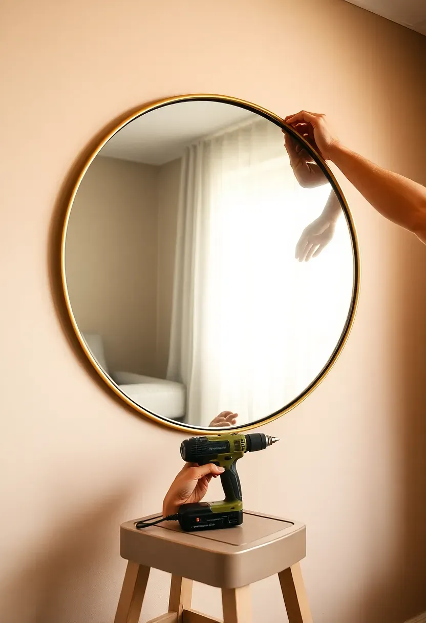 Hands mounting a large round mirror on a light-colored wall opposite a window in a small living room, reflecting natural light back into the space