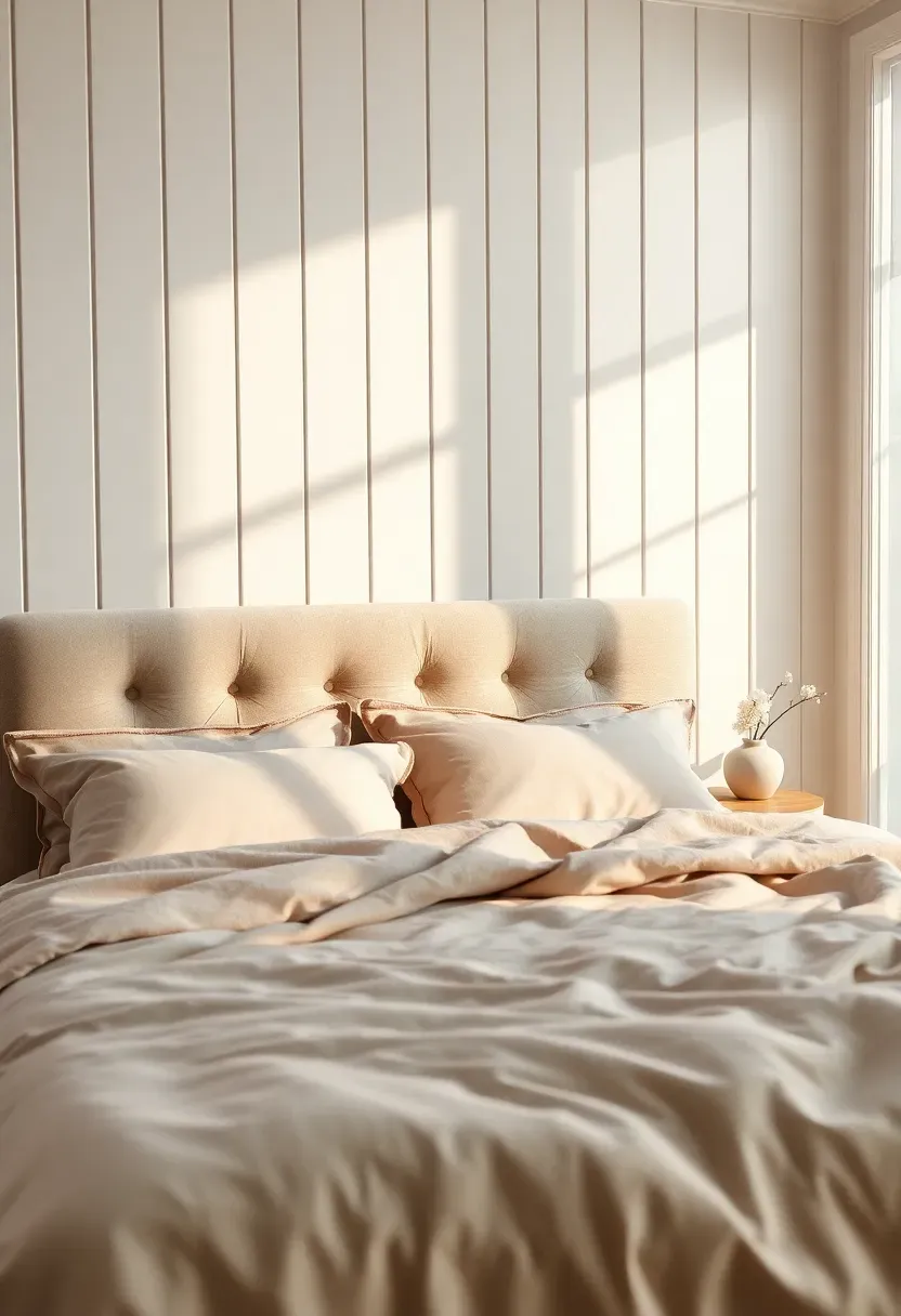 elegant bedroom with floor to ceiling white board and batten accent wall behind a tufted linen headboard with soft blush bedding