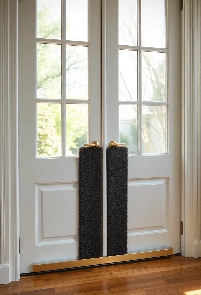 Weatherstripped French doors leading into enclosed sunroom with visible draft excluder seal and elegant white painted frames