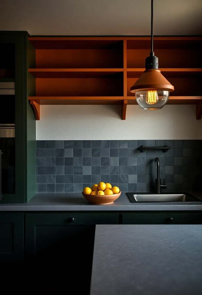 Kitchen in deep olive green and warm terracotta tones with matte cabinetry