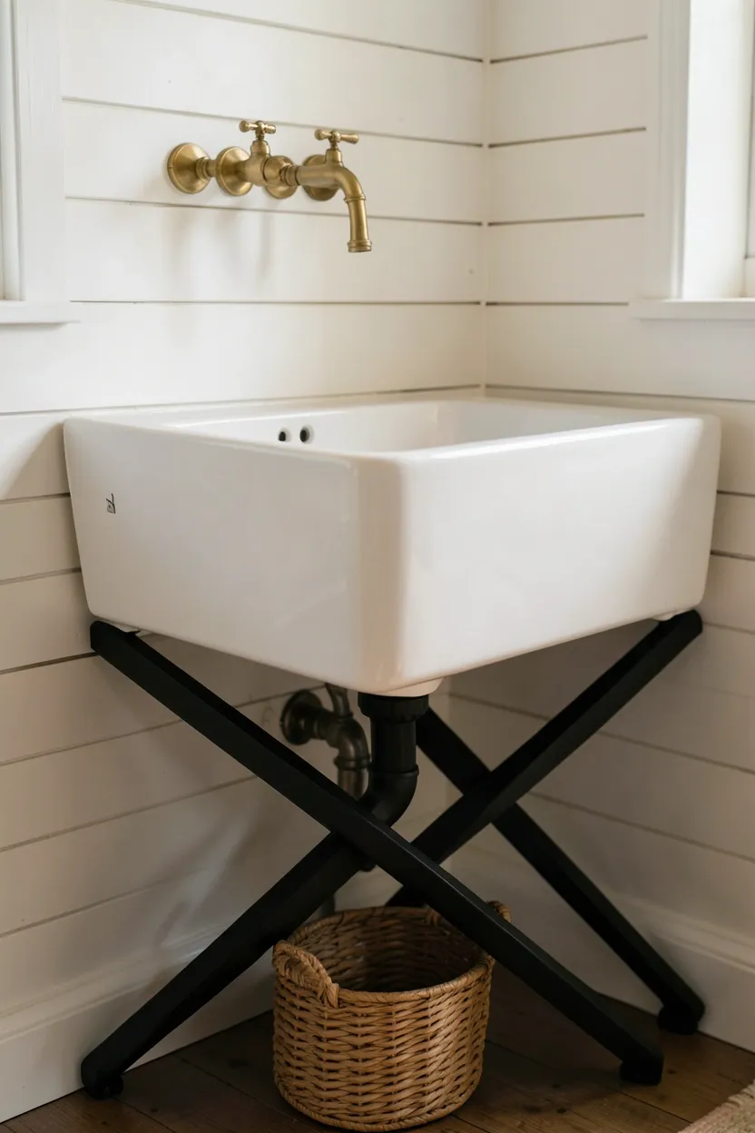 White porcelain farmhouse console sink with X-cross leg base and vintage bridge faucet in a powder room