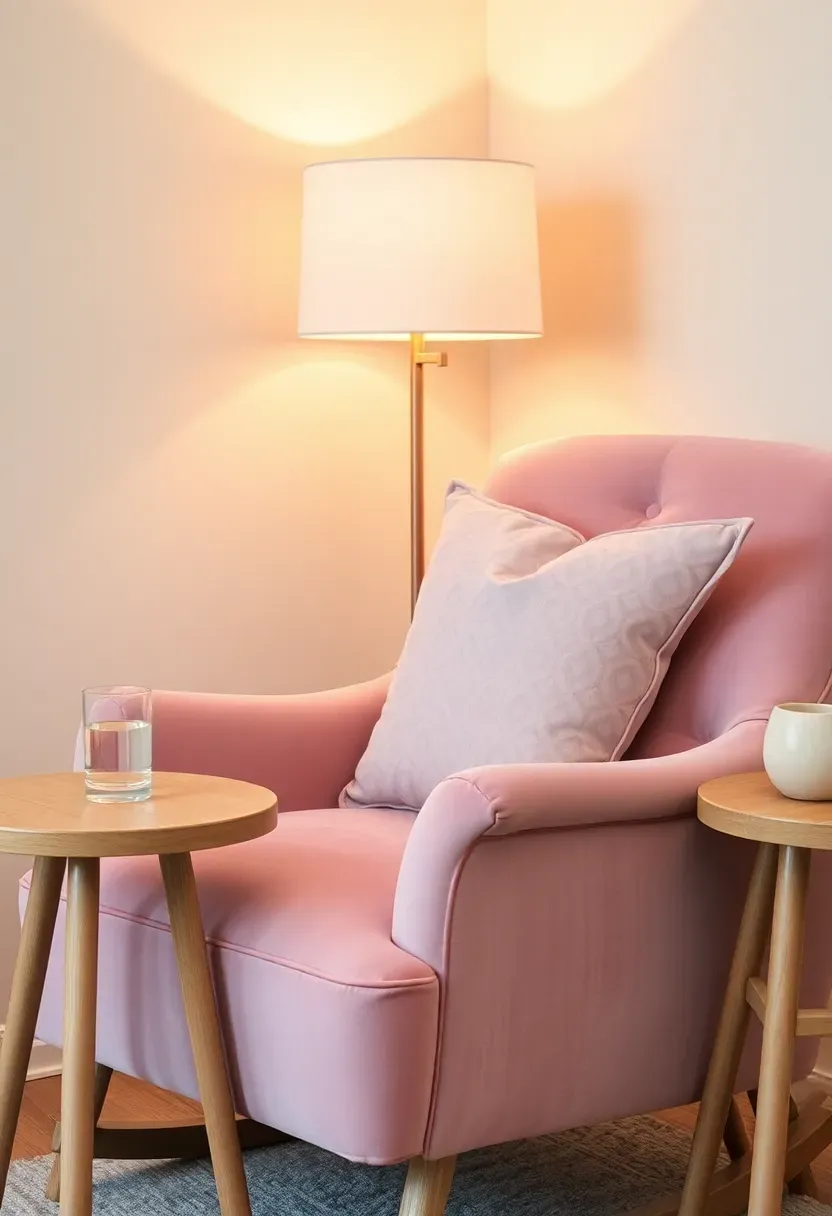 blush velvet accent glider chair in baby girl nursery with soft pink tones