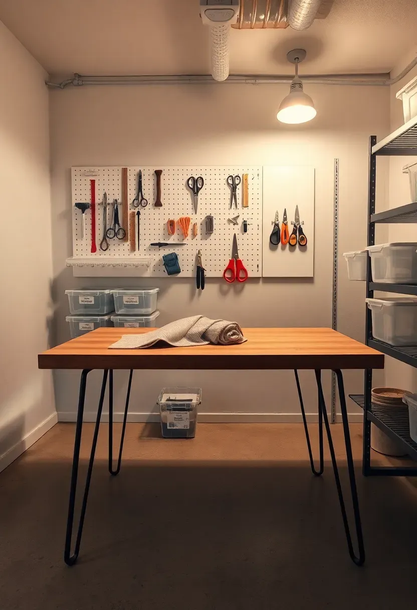 Basement craft room with a large work table, wall-mounted pegboard for tools, labeled storage bins, and bright task lighting