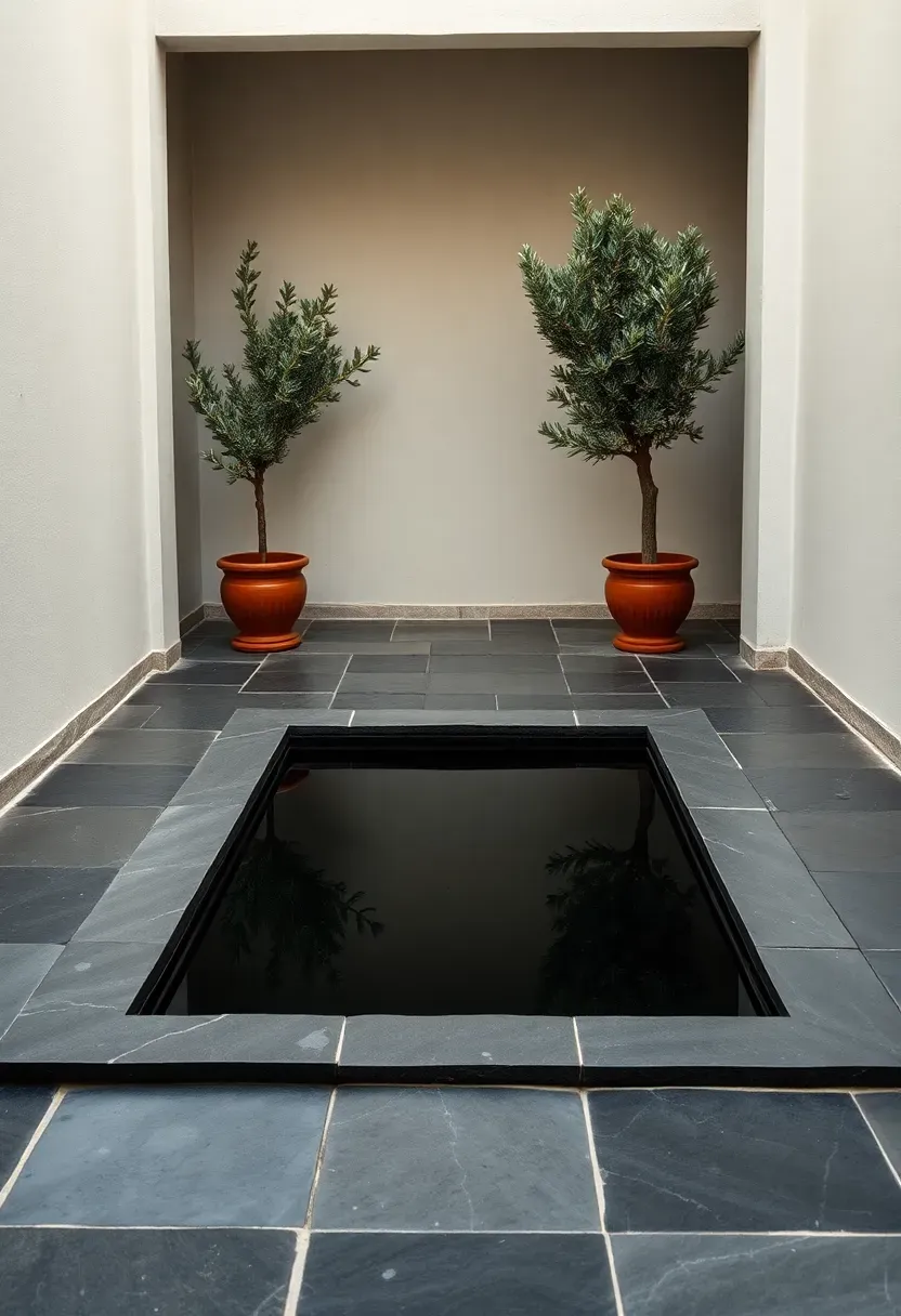 Small courtyard mirror pond with dark slate surround, reflecting a white-walled building and potted olive trees