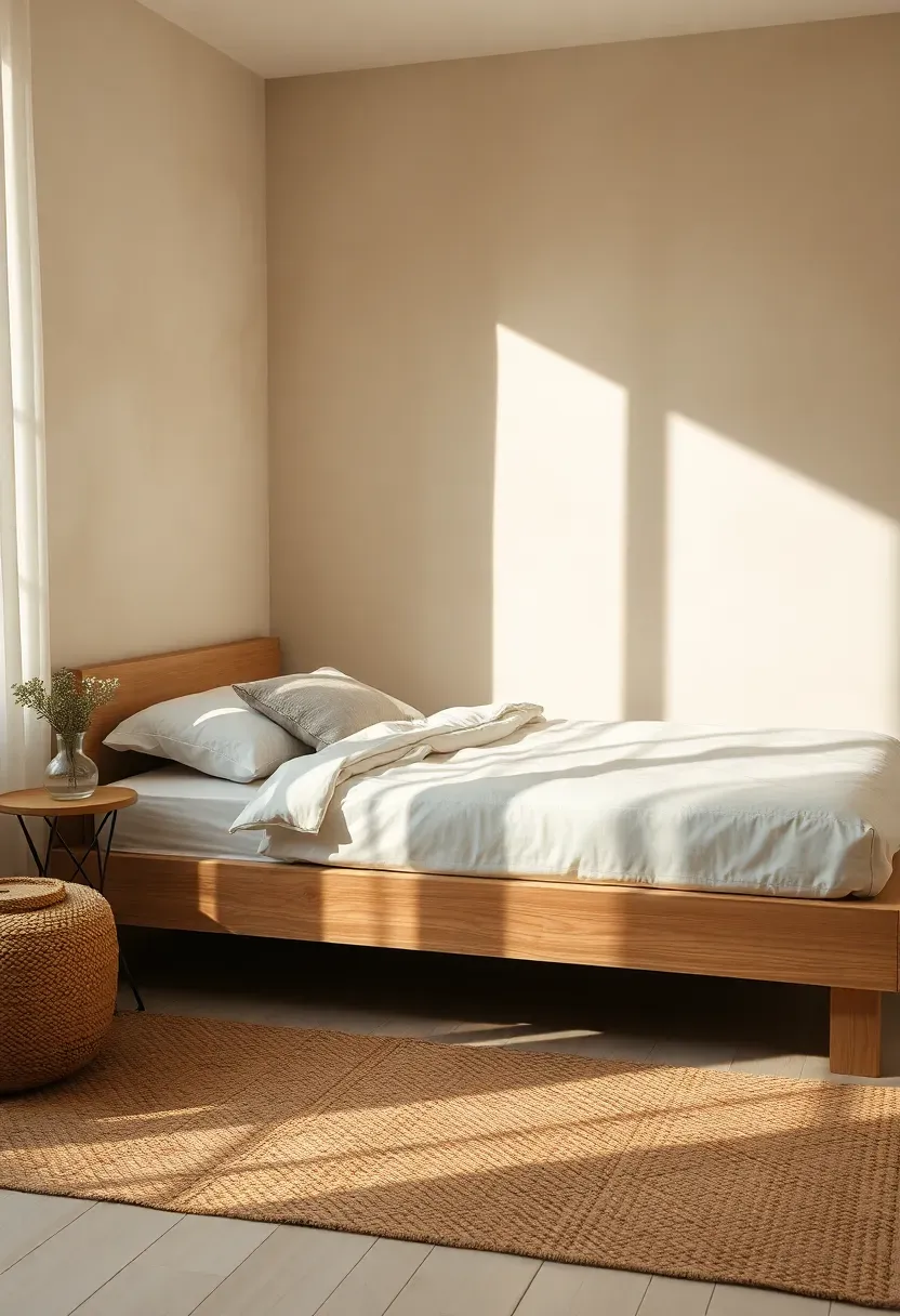 serene bedroom with a warm beige limewash plaster accent wall showing subtle tonal variations and soft texture