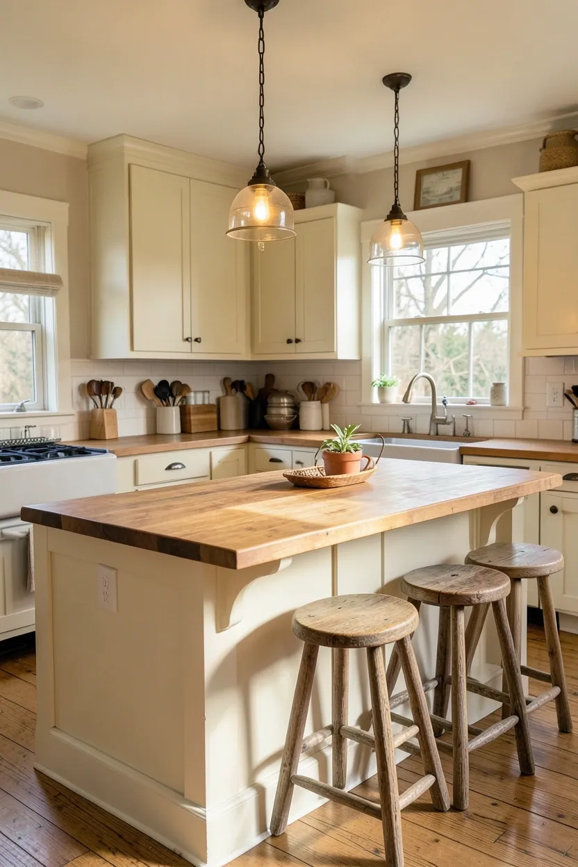 Small farmhouse kitchen with a maple butcher block island on casters, turned legs, and mismatched barstools