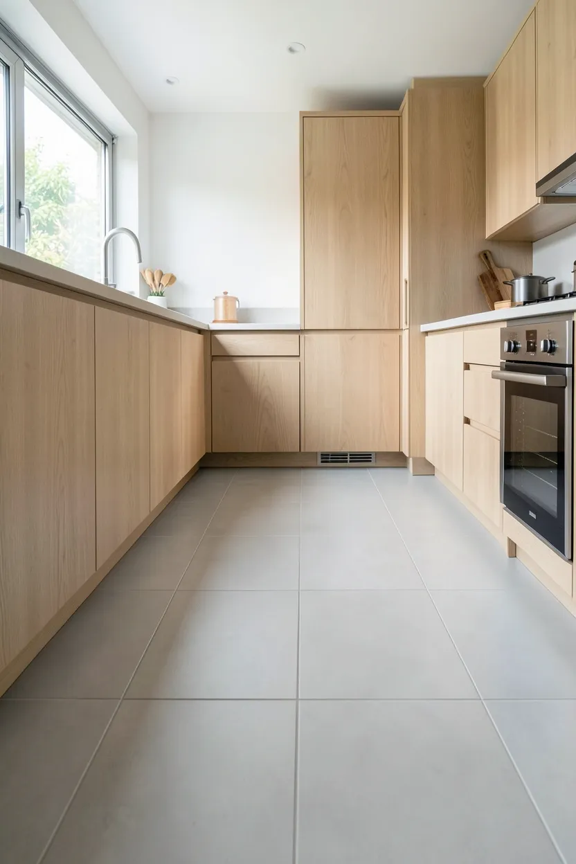 Japandi kitchen with seamless dining extension from island in matching quartz, wood stools tucked underneath
