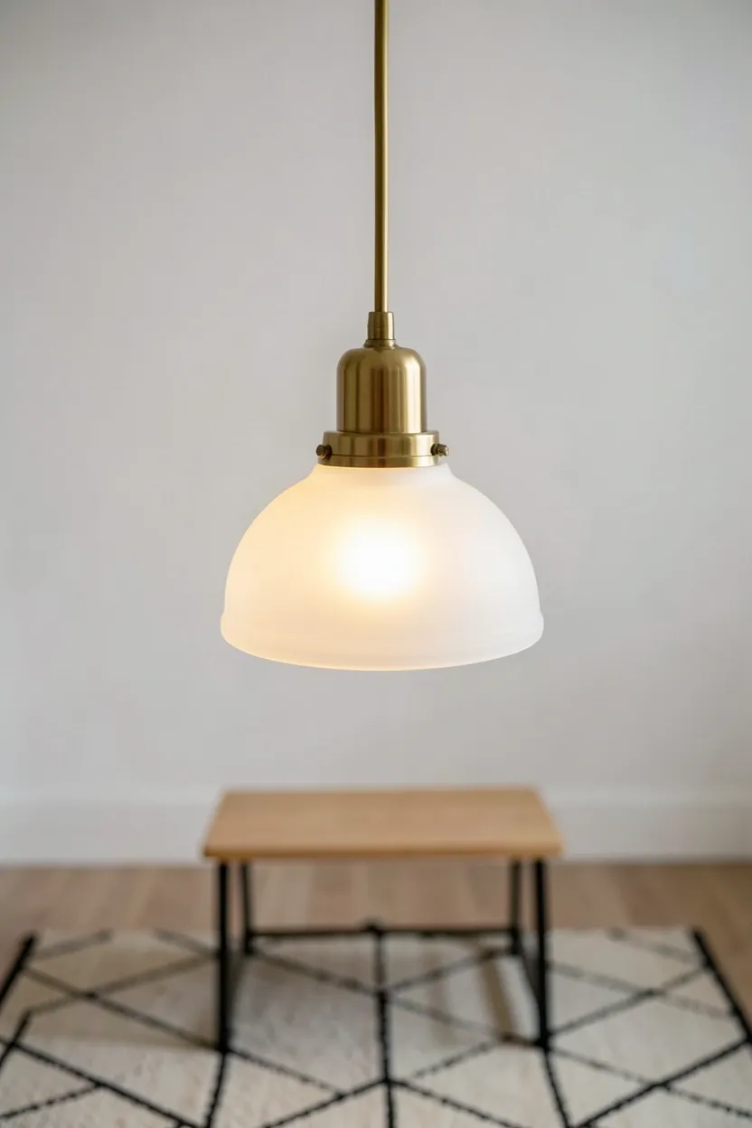 Retro Scandinavian pendant light with frosted glass shade and brass fixture casting soft warm light in a cozy living room