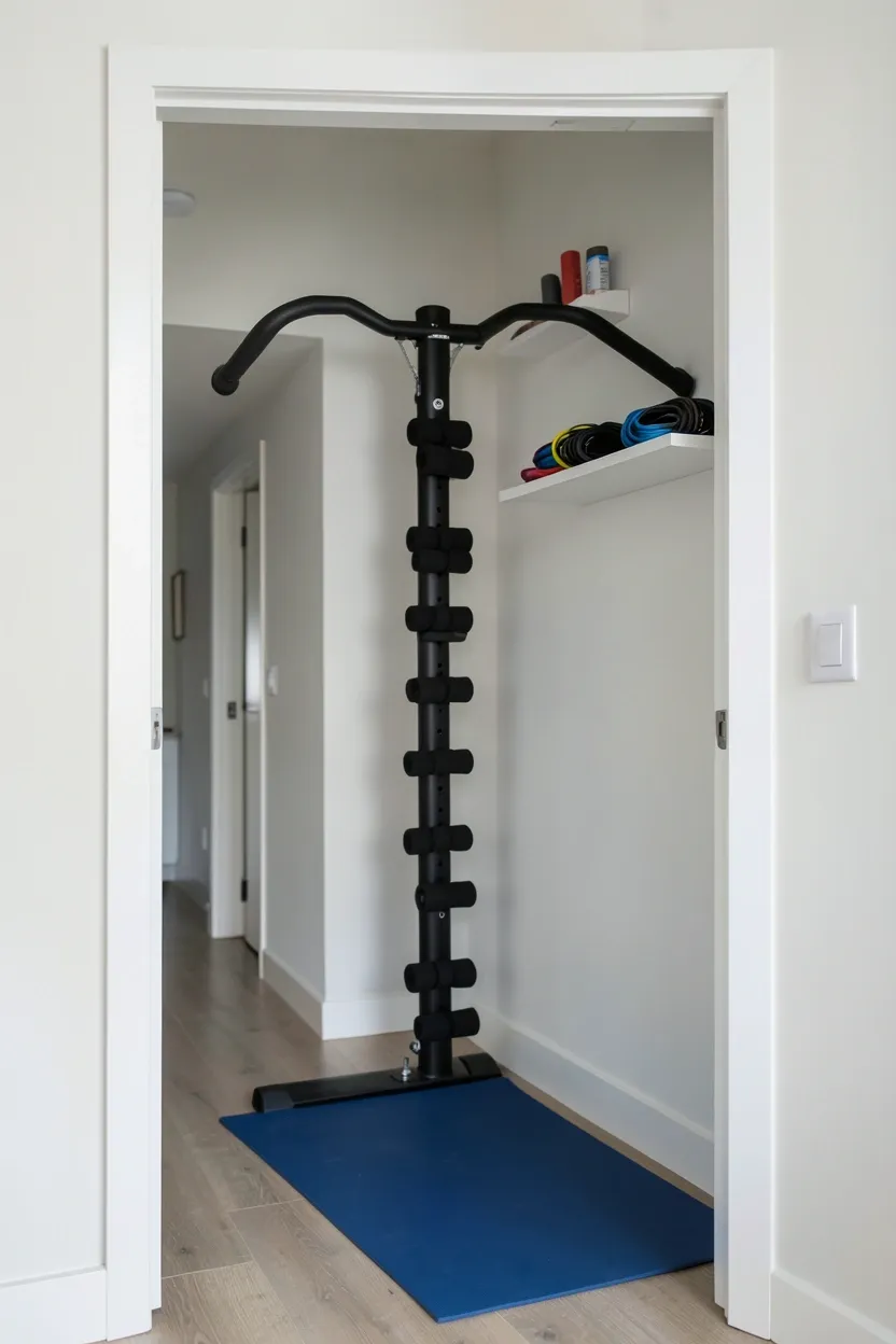Doorway pull-up bar mounted in apartment doorframe with yoga mat below — no-drill renter-friendly upper body home gym setup