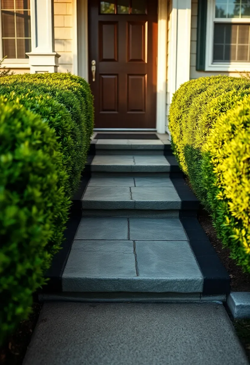 Ranch porch step and walkway makeover with bluestone treads, boxwood hedges, and brushed concrete