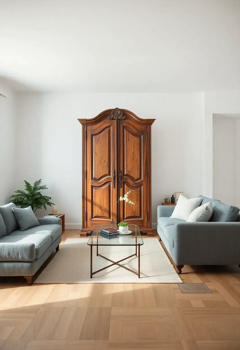 Hyper-realistic 3/4 view of minimalist living room featuring one vintage piece as hero. Materials: 19th-century French oak armoire with carved details and weathered patina as focal point, contemporary gray linen sofa, simple glass coffee table, white walls, light oak floor. Soft diffused light highlighting vintage character while showing modern minimal surroundings. Single exceptional piece creating eclectic interest.</p>