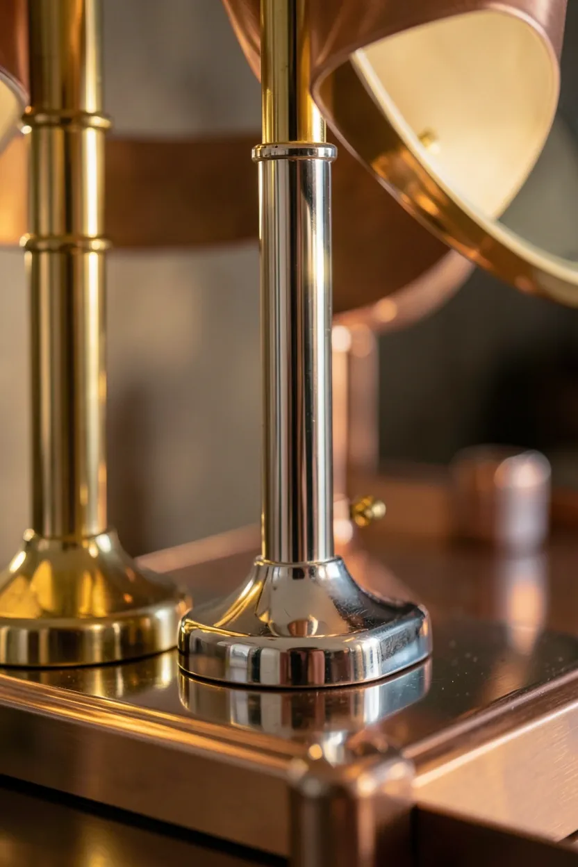 Brass lamp and chrome picture frames catching light as metallic accents in a small Scandinavian living room