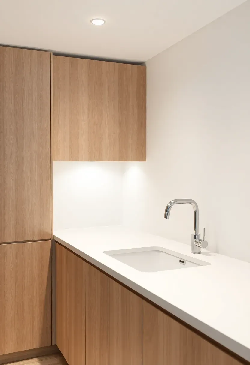 minimal Scandinavian style basement wet bar with light oak cabinets white countertop and a slim integrated sink