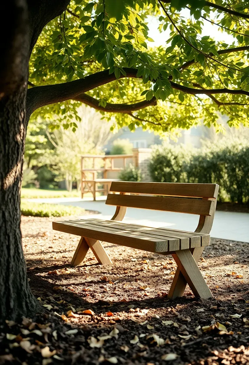 Curved bench under a shade tree
