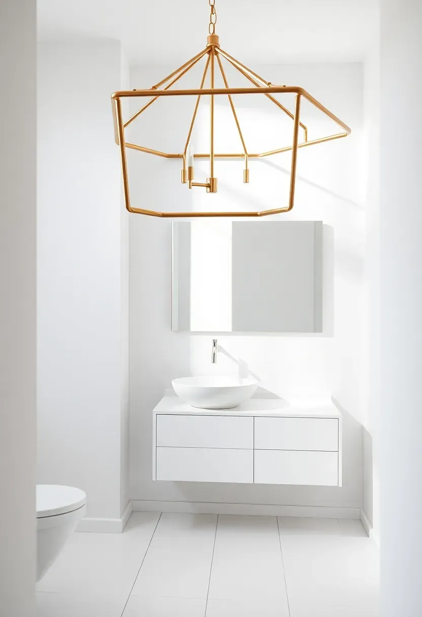 Geometric brass frame chandelier with clean angular lines in a modern minimalist white bathroom