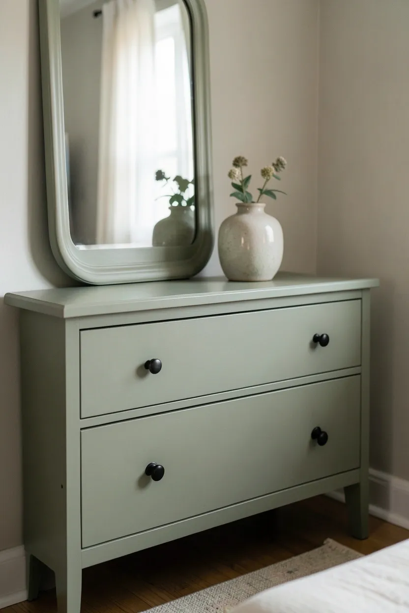 Muted sage green painted dresser with brass handles styled with a mirror and ceramic vase in a neutral bedroom