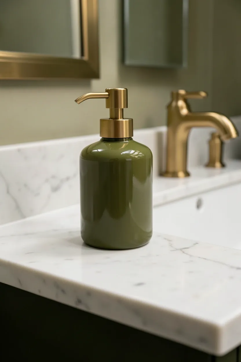 Olive green ceramic pump soap dispenser on a white bathroom countertop beside brass faucet handles adding earthy elegant color to a rental vanity