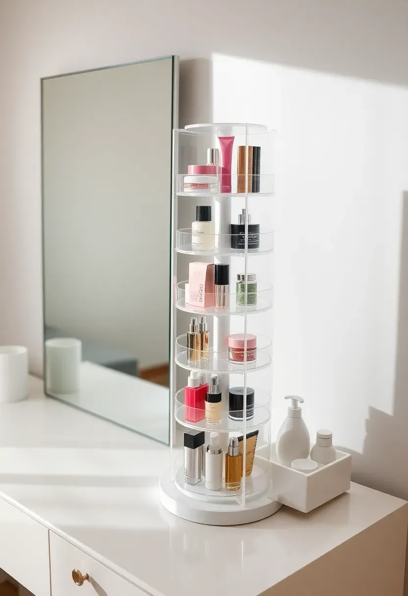 innovative rotating organizer system on vanity maximizing storage and accessibility