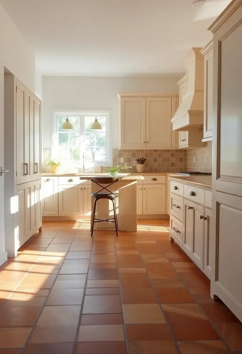 Hyper-realistic 3/4 view of a neutral kitchen with warm terracotta tile flooring and cream cabinetry. Materials: natural terracotta floor tiles with variation, cream painted shaker cabinets, honed travertine countertops, warm beige ceramic tile backsplash, oil-rubbed bronze hardware, white walls. Natural light from window, casting shadows across terracotta floor. Visible kitchen island with cream base and terracotta floor visible beneath barstools. Mediterranean warm mood. Shallow depth of field showing floor tile variation, sharp cabinet details. No text, no logos, no watermarks.</p>