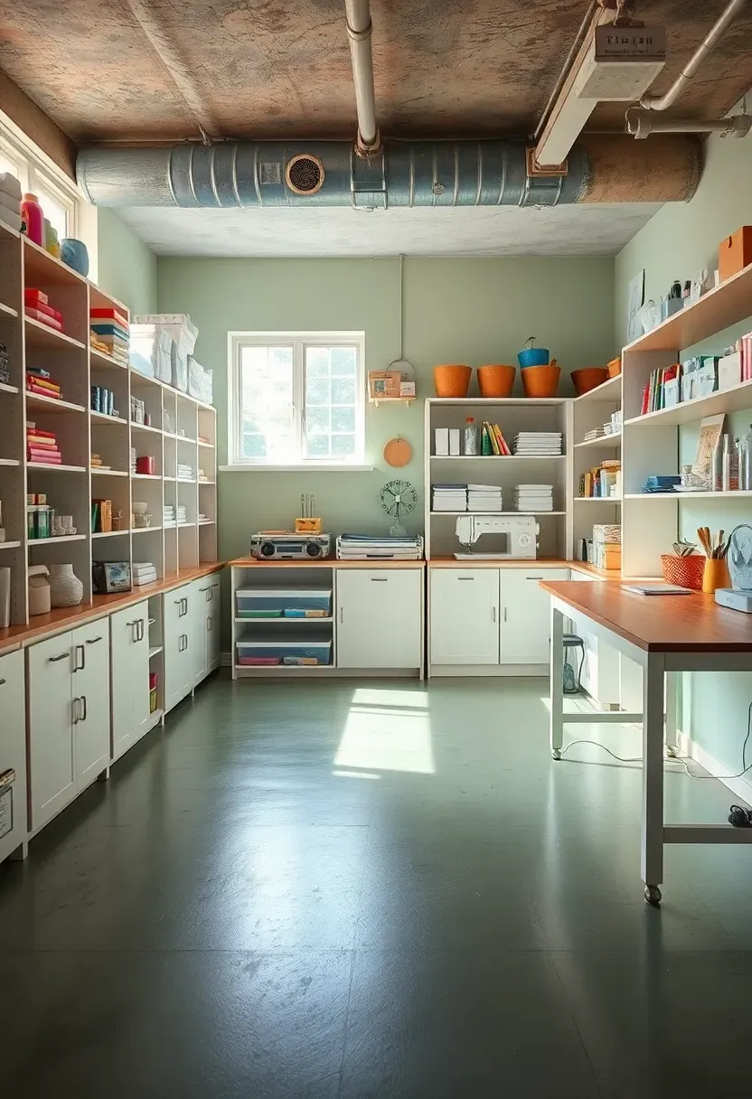 Sage green painted basement floor in a bright craft room with white shelving and natural light from a window well