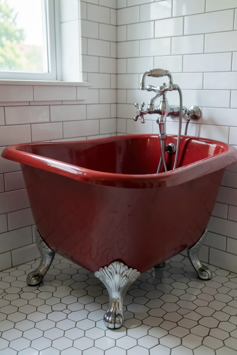 Red Clawfoot Tub with Vintage Fixtures