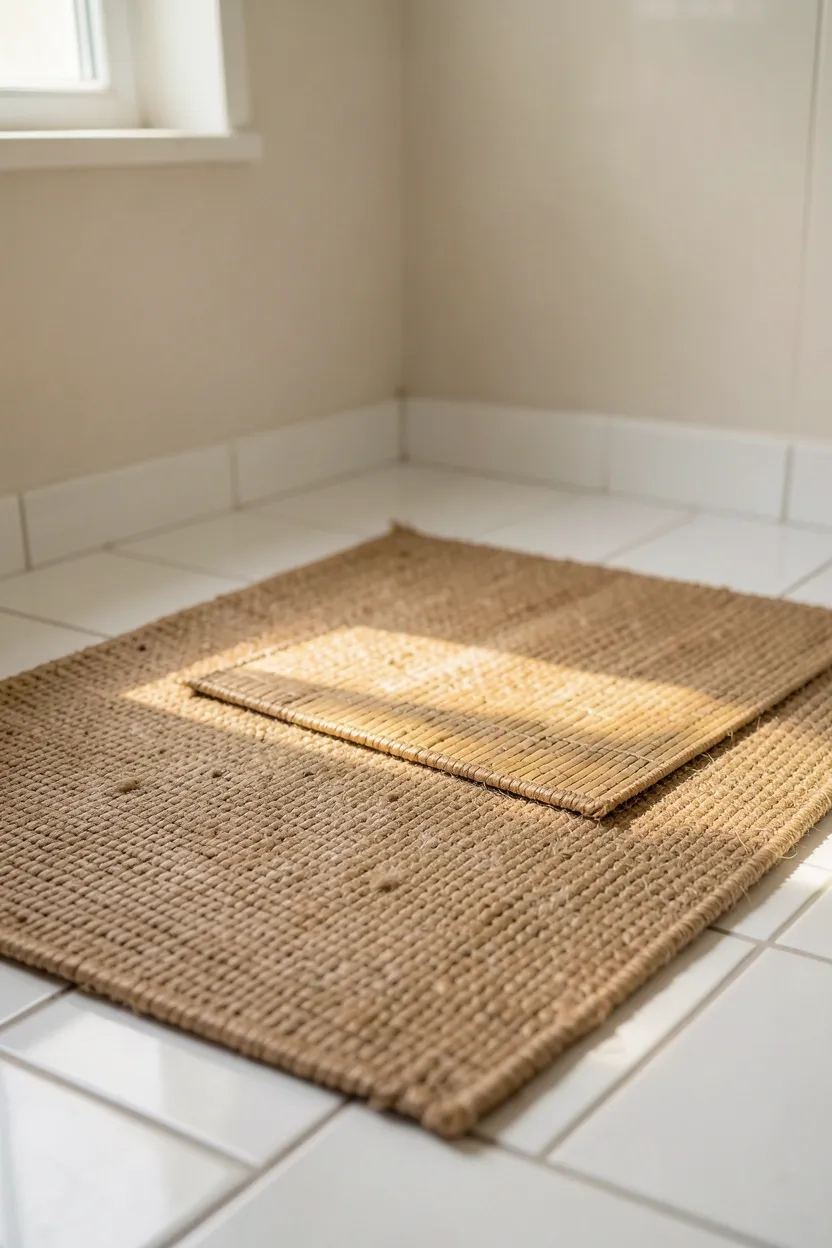Layered natural jute and cotton rugs on tile floor in a cozy apartment bathroom, adding warmth and organic texture underfoot