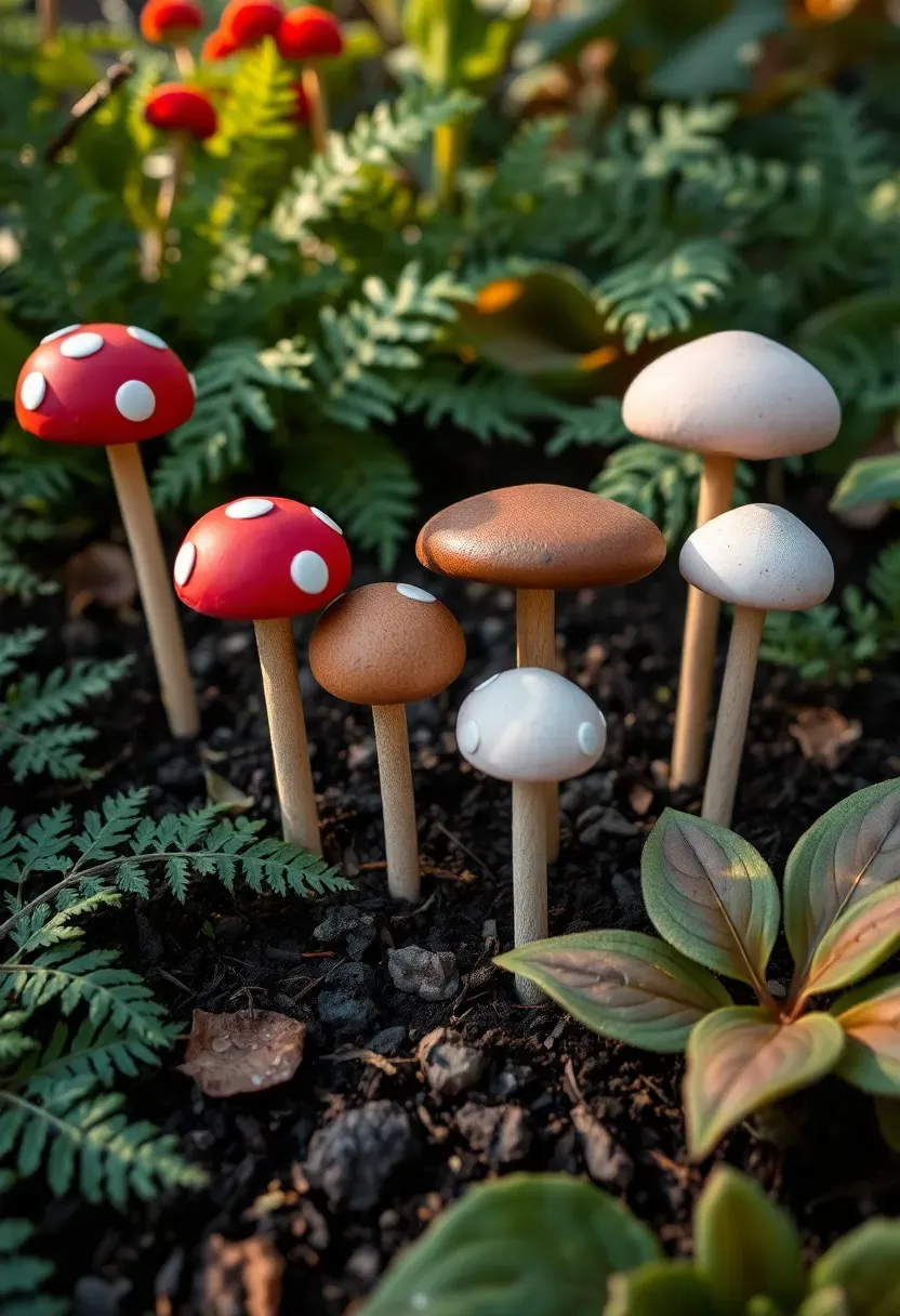 whimsical clay mushroom garden stakes in red and white planted in a spring garden
