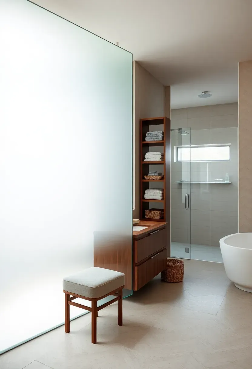 Large bathroom divided into wet and dry zones by a partial glass wall