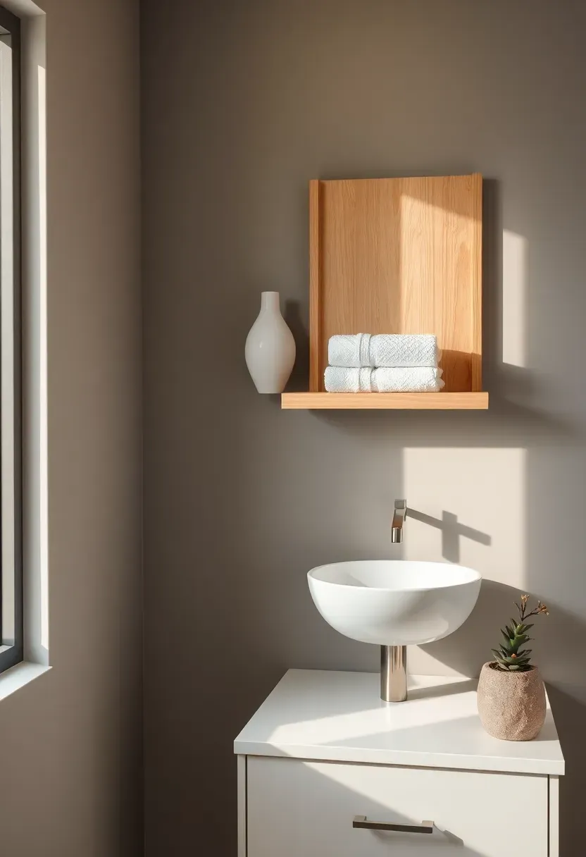 Small bathroom with stone gray walls, warm toned floating wood shelves holding white towels and ceramics