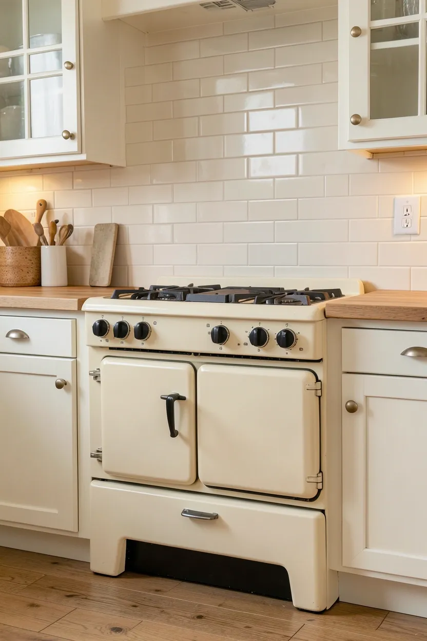 Cream enamel vintage reproduction stove with cast iron burners and chrome accents in an old farmhouse kitchen