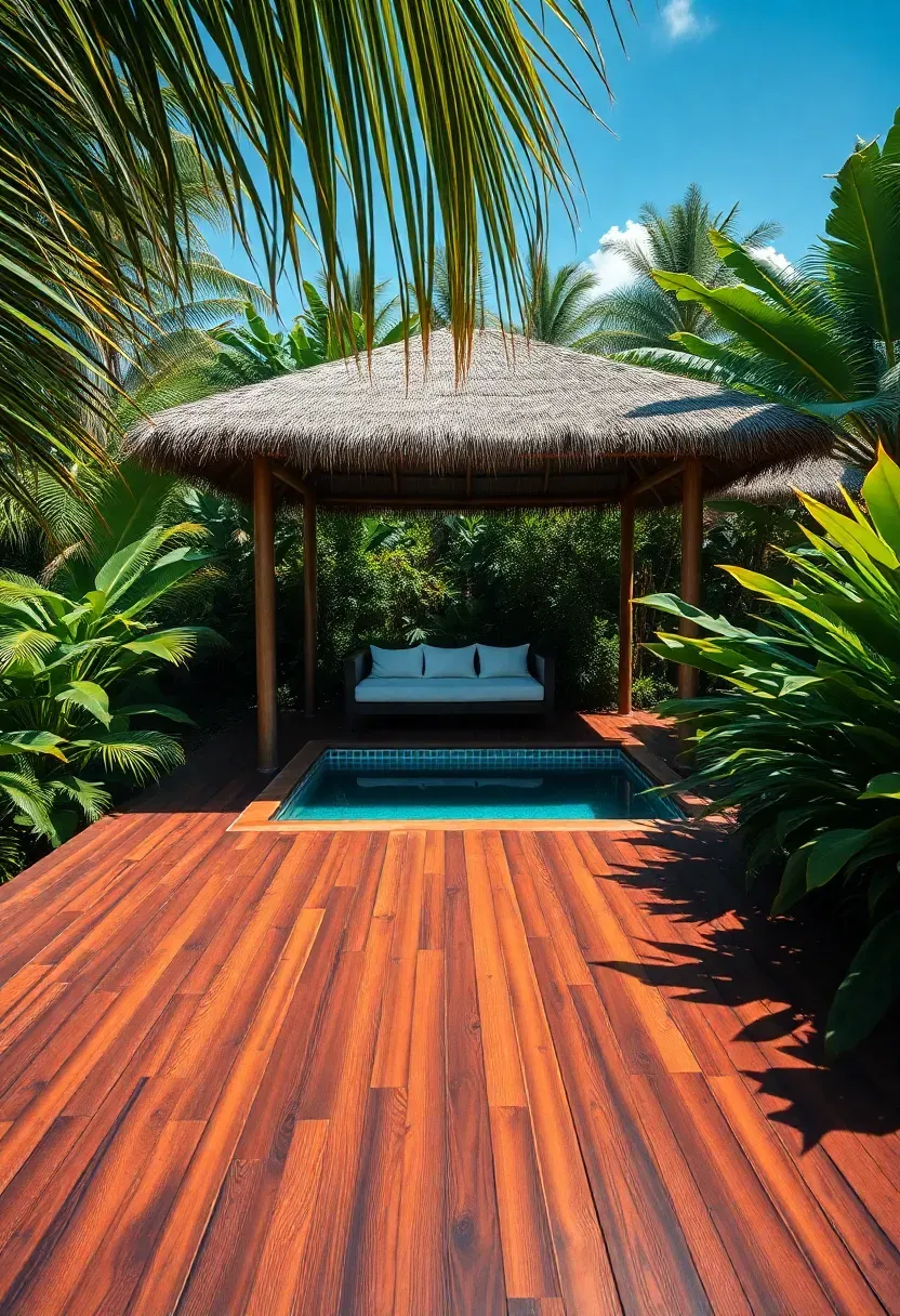 Luxurious tropical resort-style deck with dark hardwood planks, a plunge pool, thatched cabana shade structure, and lush palm and fern landscaping all around