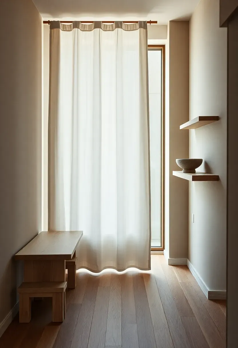 Japandi entryway blending Japanese and Scandinavian design with pale wood, stone bowl, linen curtain, simple bench, and neutral earth tones