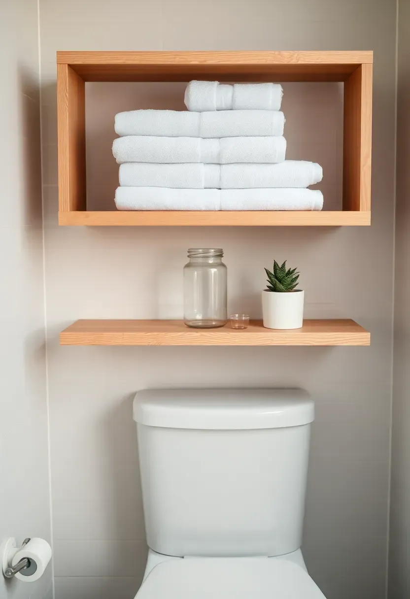 White floating shelves above toilet with rolled towels, succulents, and apothecary jars in a small bathroom