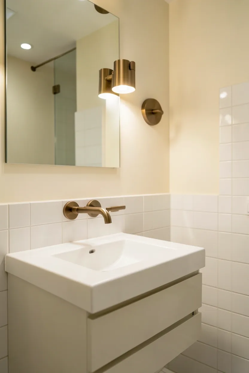 Elegant rental bathroom with cream walls, bronze faucet and towel bar, and warm-toned lighting — sophisticated apartment color idea