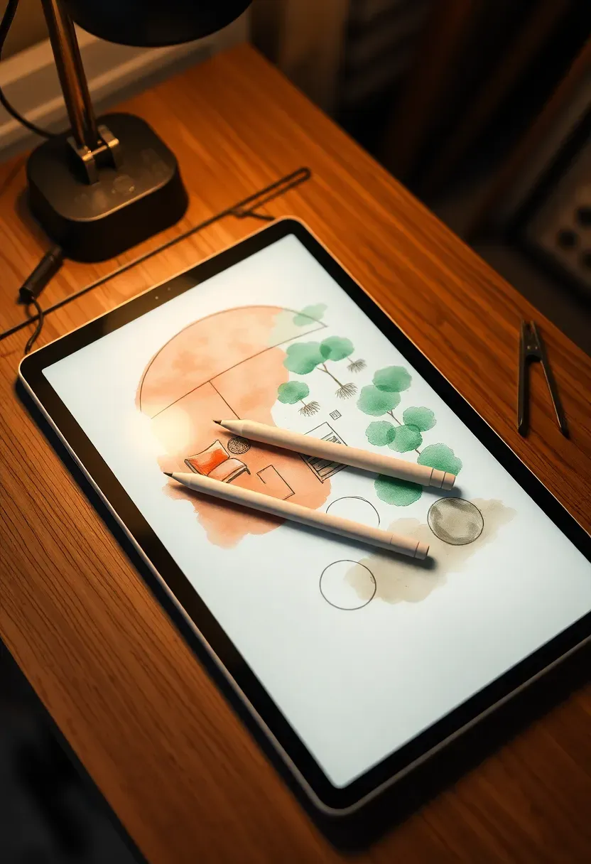 Hand-drawn backyard design sketch on iPad in Procreate showing watercolor-style patio layout with garden beds and seating areas