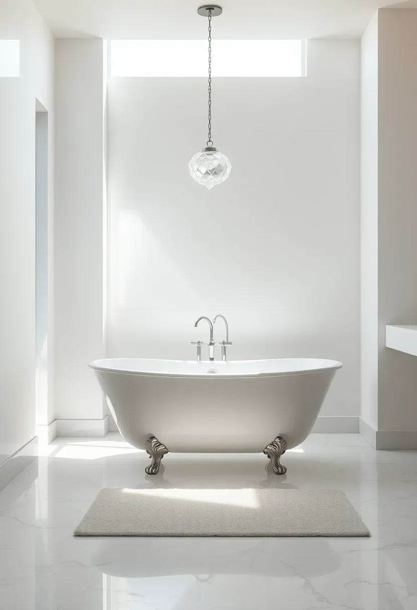 Small crystal chandelier hanging above a white freestanding bathtub in a bright bathroom with marble floors