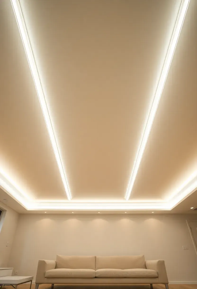 Hyper-realistic wide view from below of minimalist living room ceiling featuring continuous linear LED strip lighting. Rectangular light line pattern created by LED strips in slim ceiling channels—perimeter line plus crossing central line creating geometric composition. White ceiling with clean illuminated lines. Warm white LED glow creating ambient room brightness. Cream sofa and light wood floor below. Materials: aluminum ceiling channels, LED strips with diffusers. Geometric architectural lighting. Shallow depth of field, sharp details on line precision and light quality. No text, no logos, no watermarks.</p>