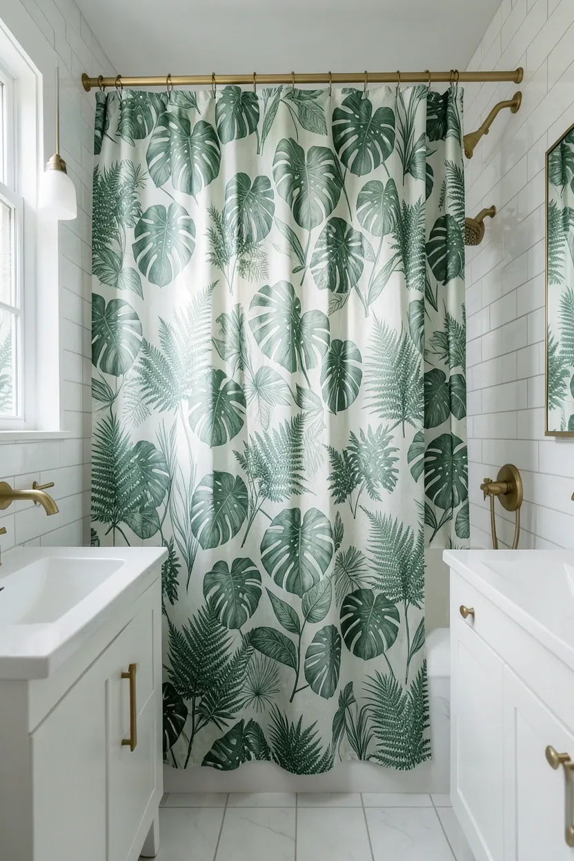 Hyper-realistic eye-level photograph of a modern green bathroom featuring botanical print shower curtain with large monstera and fern leaf patterns in shades of sage and forest green, white subway tile walls, white vanity, brass fixtures. Natural light filtering through shower curtain. Materials: printed fabric curtain, white ceramic, brass fixtures. Botanical green pattern detail. Soft fabric texture. No text, no logos, no watermarks.</p>