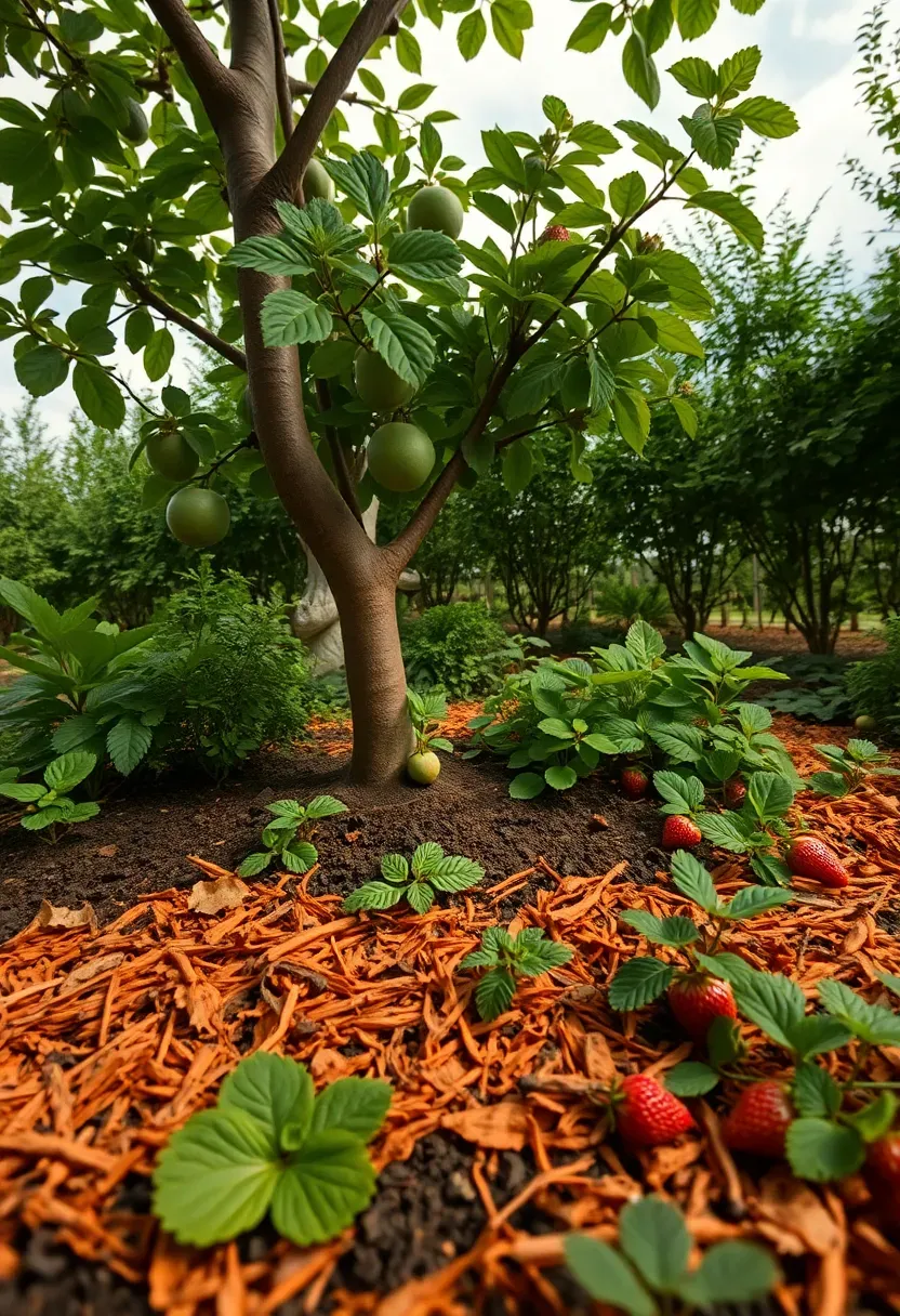 Edible food forest garden with layered fruit tree canopy, berry shrubs, herbs, and strawberry groundcover