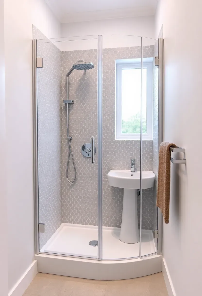 Compact corner shower with neo-angle glass enclosure and small-format mosaic tile in a tight bathroom
