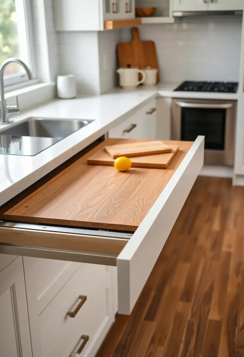 Pull-out wooden countertop extension sliding from beneath a kitchen counter in a small white kitchen, creating extra prep space with cutting board visible