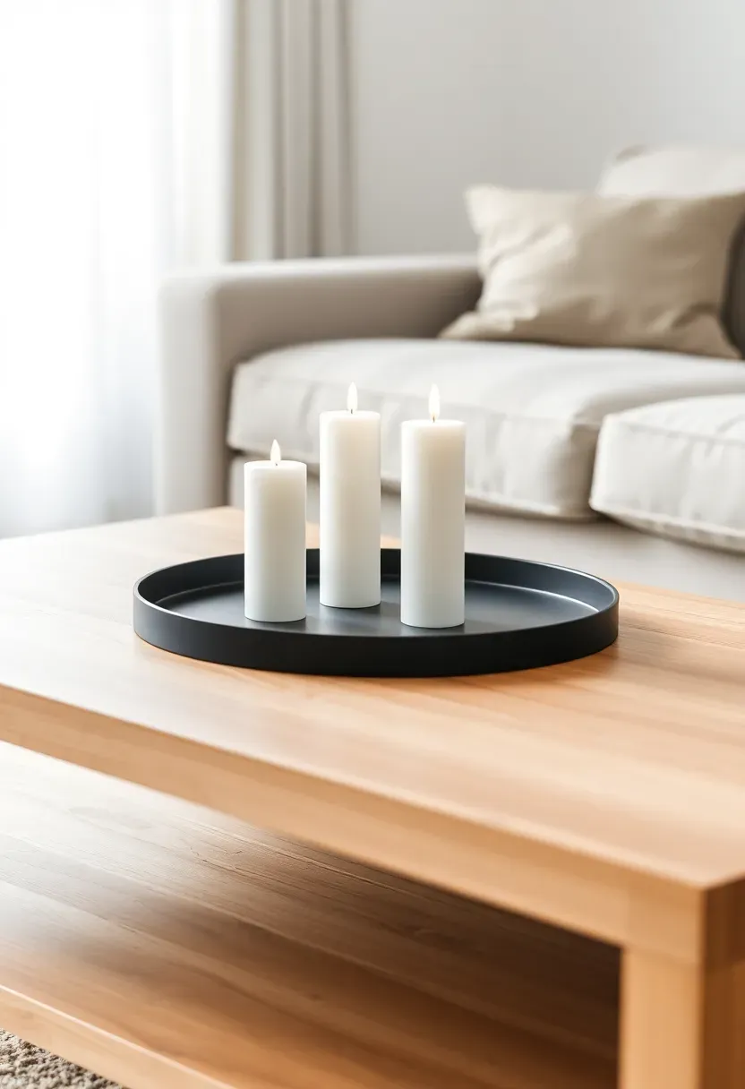 Minimalist round stone tray with three white pillar candles at varying heights on an oak coffee table in a neutral living room