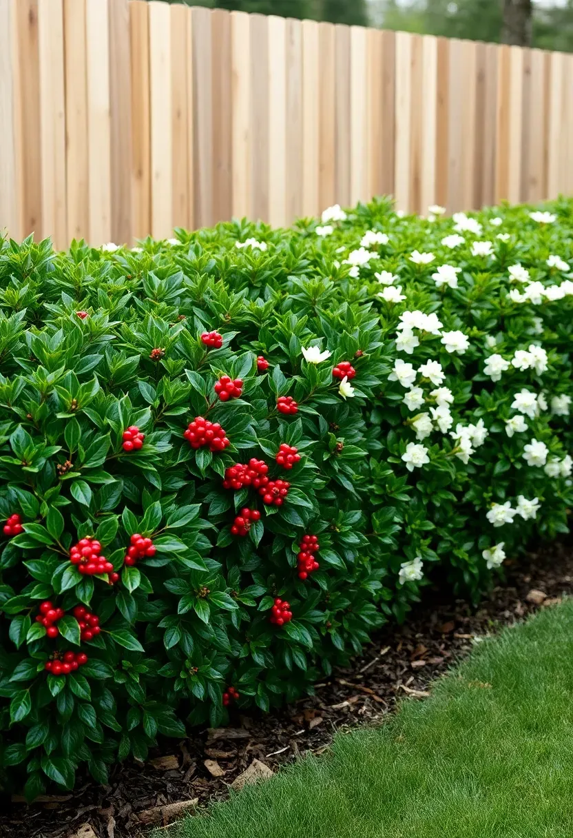 Mixed hedge border with alternating boxwood, holly, and flowering viburnum along a backyard fence line providing layered green texture